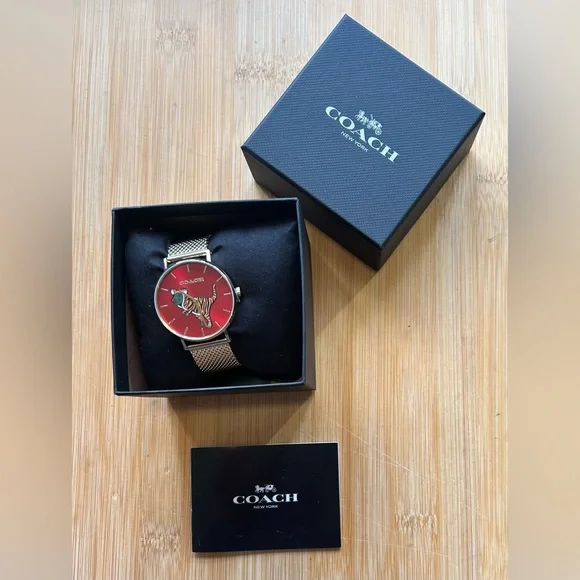 Coach Perry Watch With 36mm BurgundyRed Face With dinosaur & Golden MeshBracelet - Picture 6 of 6